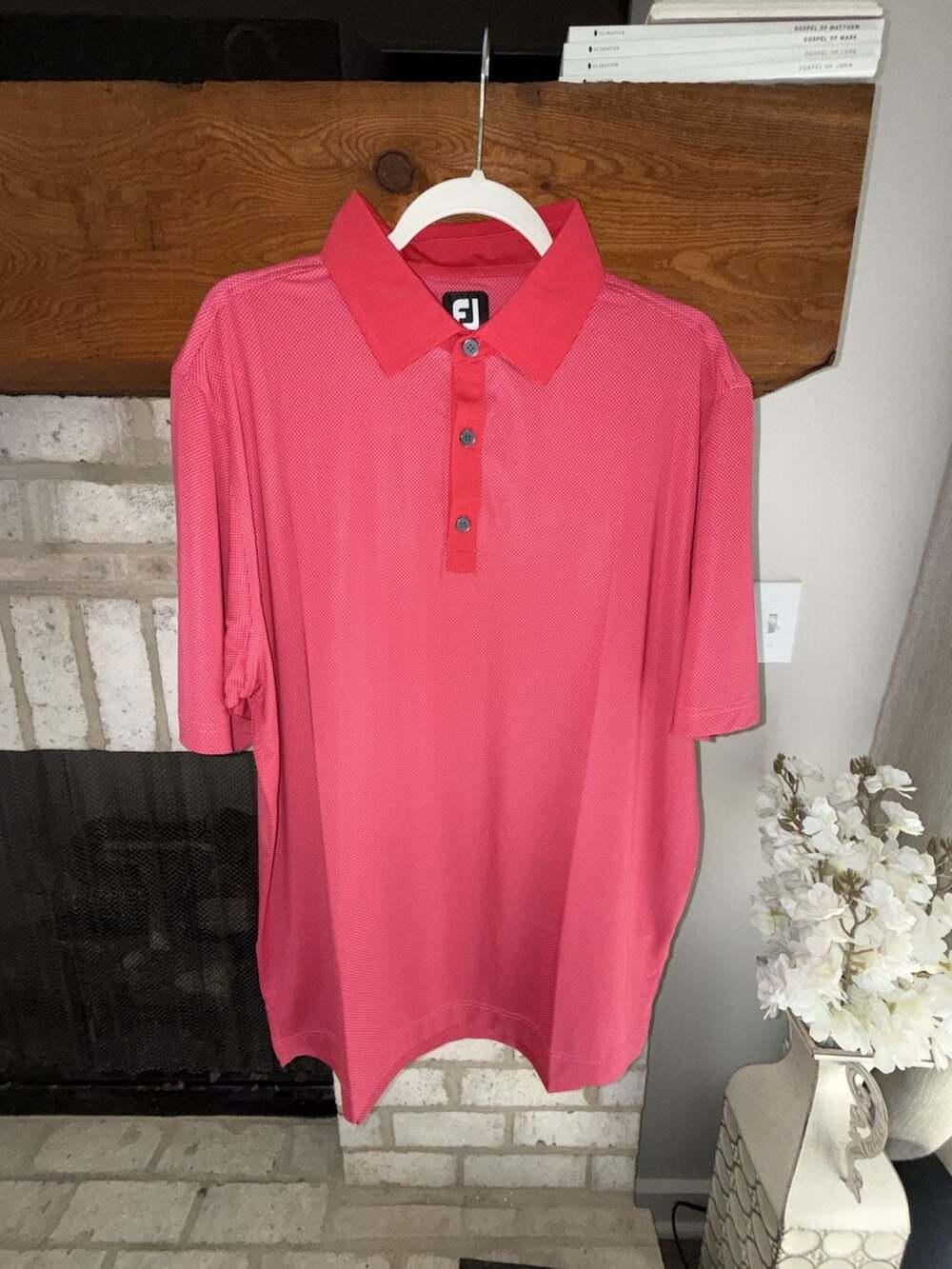 FootJoy Stretch Lisle MiniCheck Self Collar Pink Polo Golf Shirt Mens L